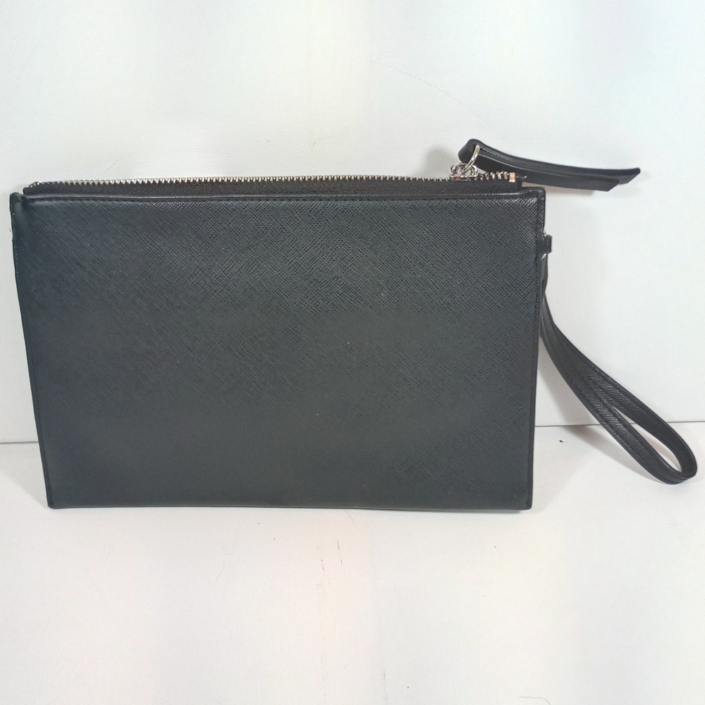 Guess Wristlet Clutch Black Saffiano Leather Logo Zip Pouch Small Handbag Purse